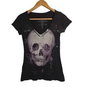 Vtg Photo Realism Skull V Neck T Shirt Graphic Tee Romantic Emo Goth Y2K Large